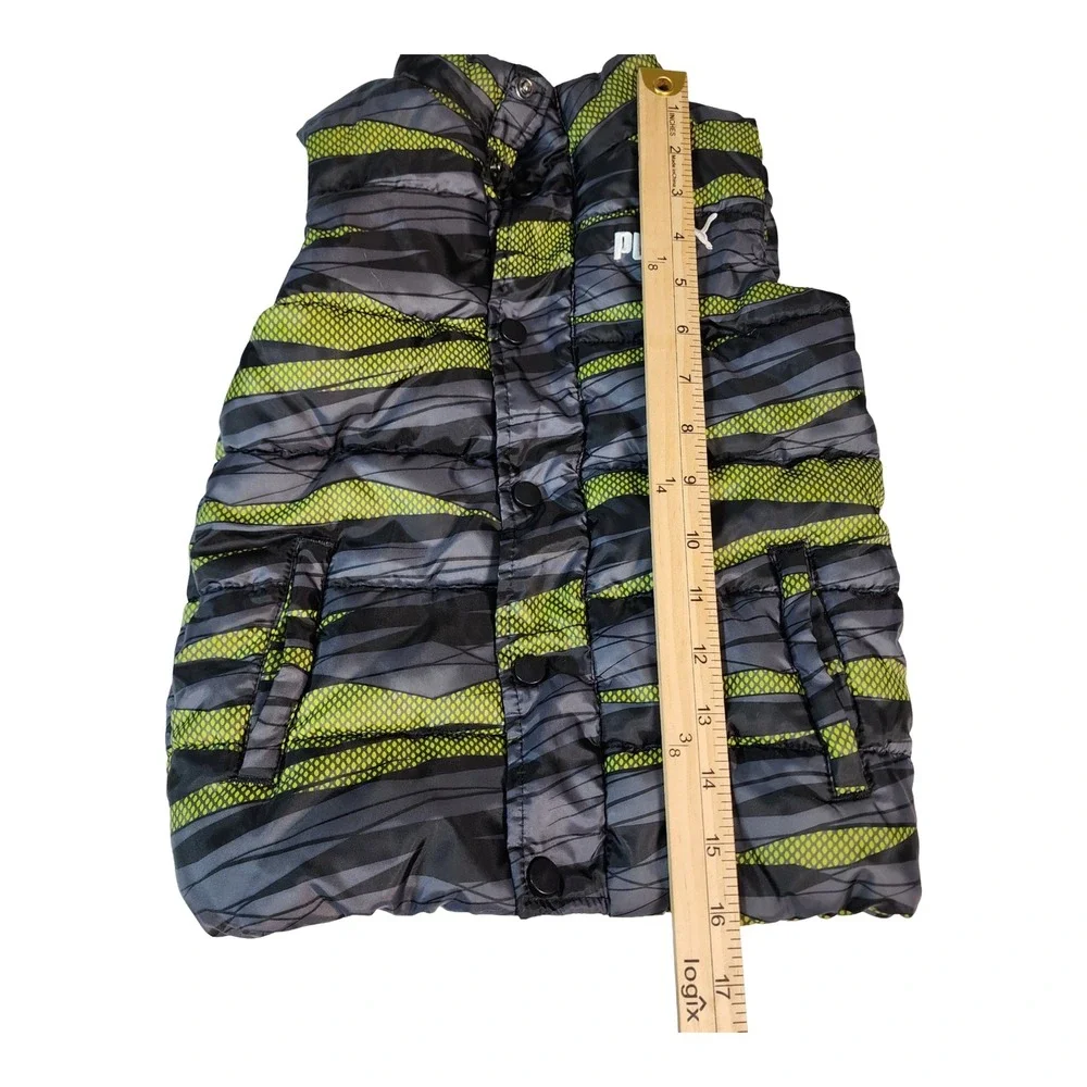 Puma Kids Puffer Vest Grey Lime Green Geometric‎ Print Snap Front Size 5
